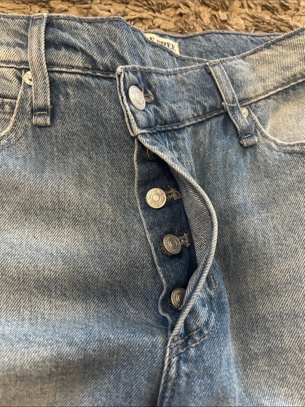 We The Free Boomerang High Rise Long Short Light Wash Frayed Denim Cutoff Shorts
